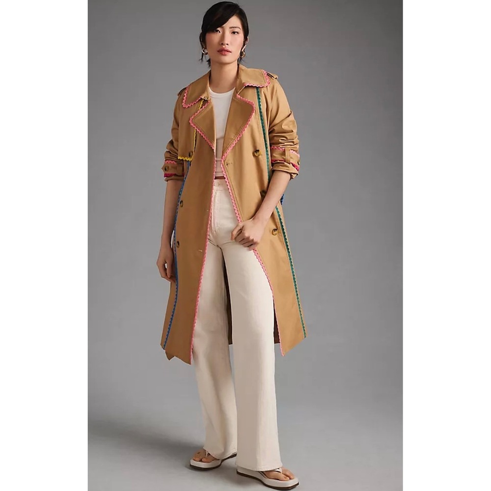 7 For All Mankind Ric Rac Trim Trench Coat Tan Rainbow Embroidery Large